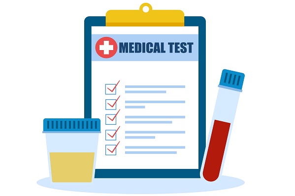 Illustration of a clipboard with test results on, urine sample and vial of blood